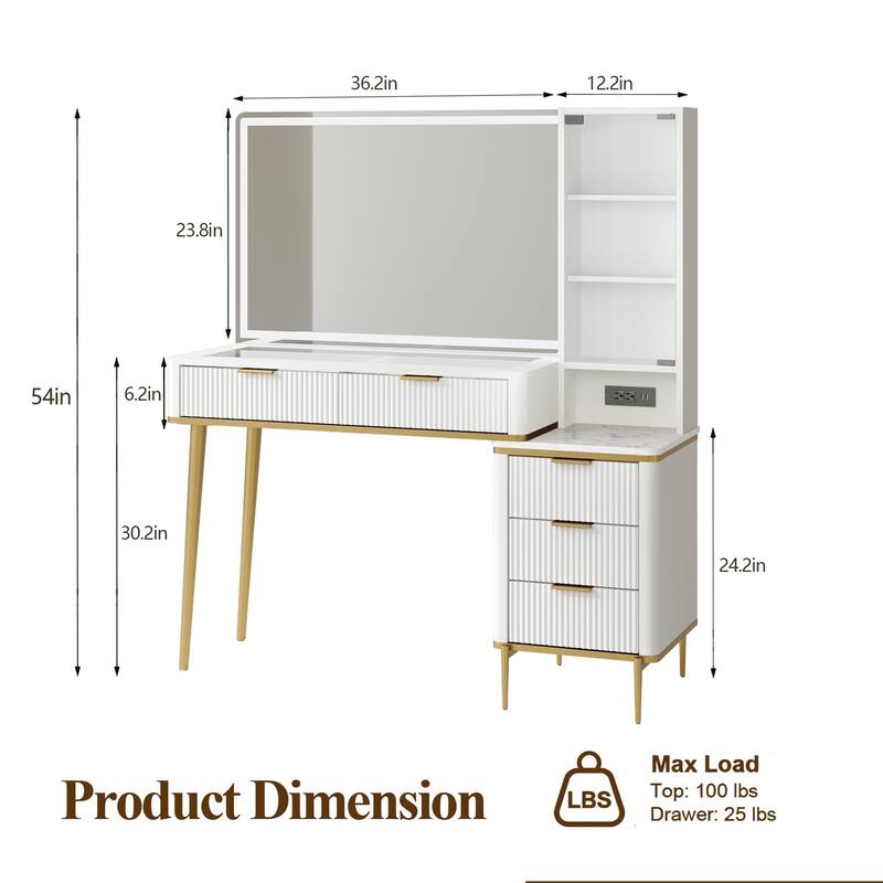 Modern Fluted Makeup Vanity Desk with Lighted Mirror, Dressing Table