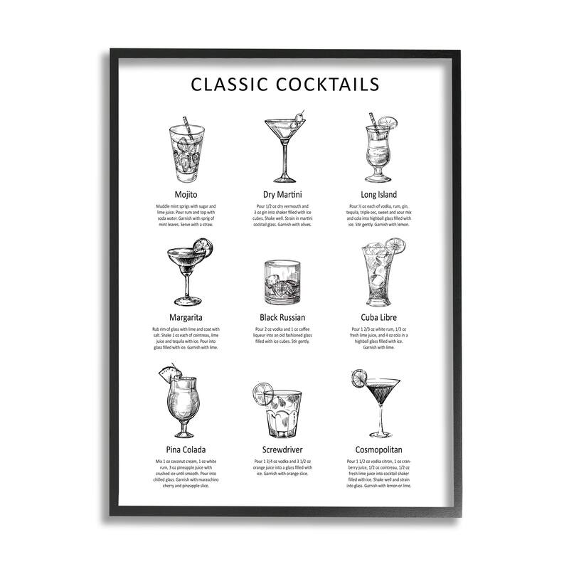 Stupell Classic Cocktails Mixed Drinks Kitchen Bar Sign Chart Framed Wall Art, Design by Lettered and Lined - White