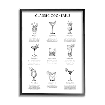 Stupell Classic Cocktails Mixed Drinks Kitchen Bar Sign Chart Framed Wall Art, Design by Lettered and Lined - White