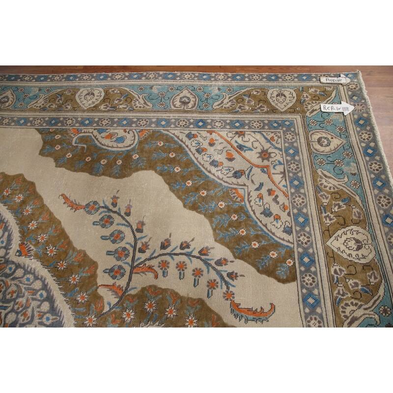 Hand Knotted Oriental 100% Wool Carpet Traditional Medallion Beige & Ivories Tabriz Area Rug - 12' 8'' X 9' 4''