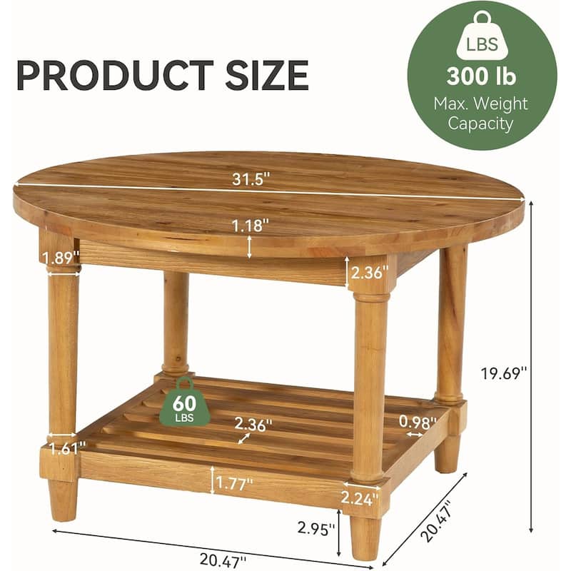 Round Coffee Tables for Living Room, 31.5" Solid Wood Farmhouse Circle Center Table - 31.5" W × 31.5" D × 19.69" H