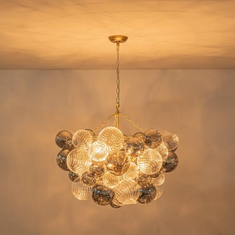 Statement 8-Light Swirled Smoked Glass Globe Round Bubble Chandelier - Brass Finish