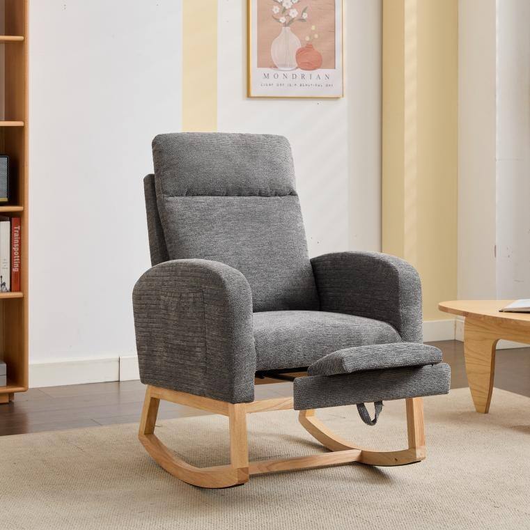 Simple Rocking Chair Dark Gray Side Chair with Wood Legs, Lounge Chair Leisure Chair Arm Chair with Side Pocket