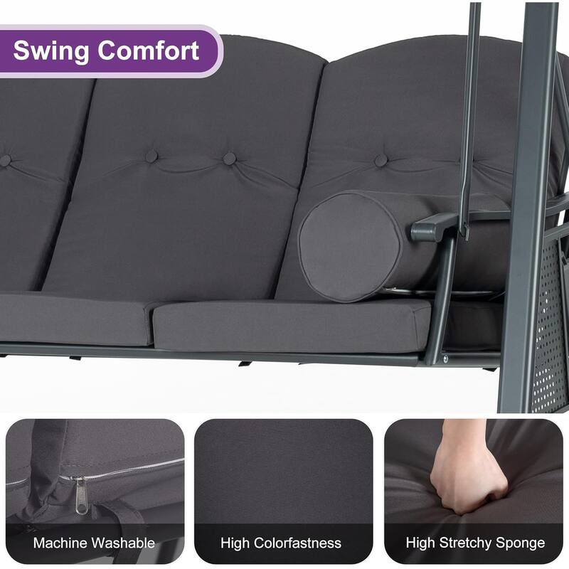 PURPLE LEAF 3-seat Outdoor Porch Swing All-Weather Steel Frame for Backyard Front Porch Lawn, Cushions and Pillow Included