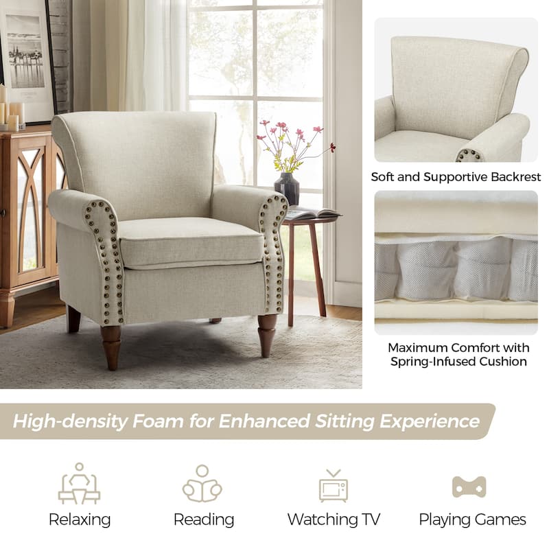 Nyctelius Upholstered Comfy Accent chair with Classic Turned Wooden Legs and Nailhead Trim by HULALA HOME