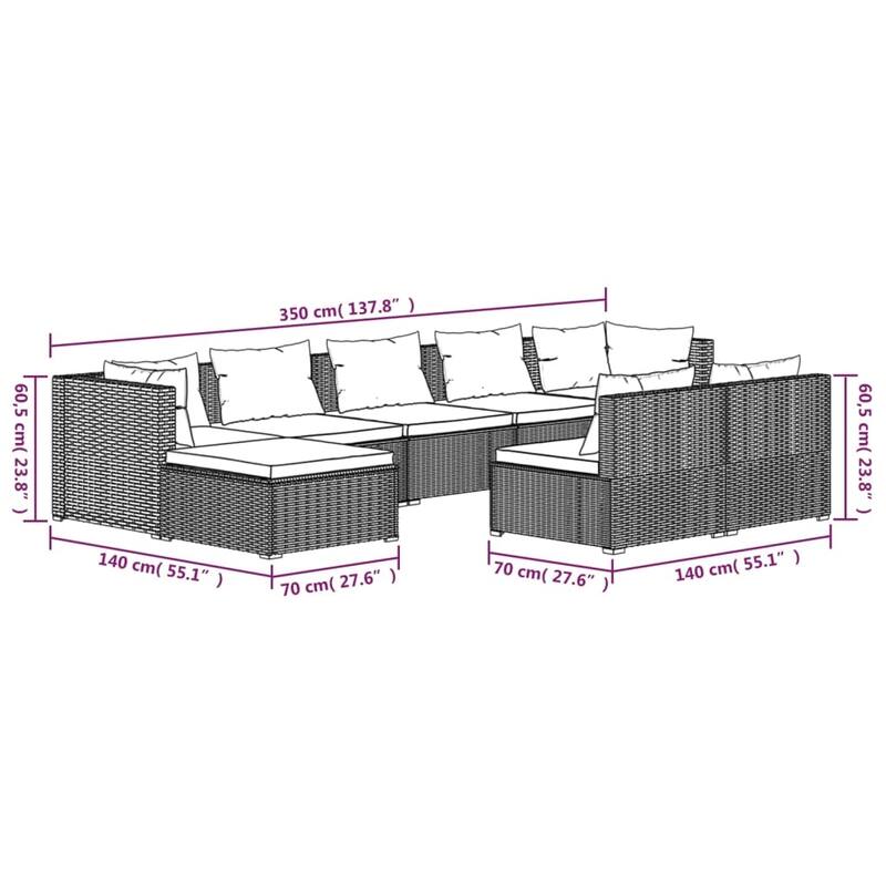 vidaXL Patio Lounge Set with Cushions Brown Poly Rattan - 27.6" x 27.6" x 24" - 27.6" x 27.6" x 24"