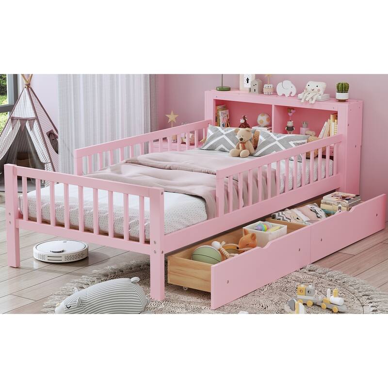 Twin Wood Storage Bed with 3-Side Guardrails, Underbed Drawers & Headboard Storage