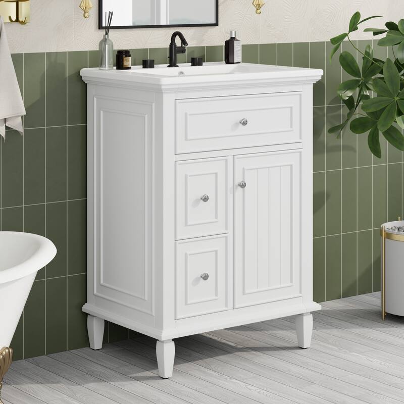 GDFStudio - Sophia 24-Inch Bathroom Vanity with Ceramic Sink, Flip Drawer and Adjustable Storage - White - 24"