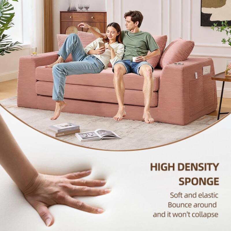 Modern Convertible Loveseat Sofa Bed, Corduroy Fabric Foldable Floor Couch w/5 Pillows, Side Pockets & Cup Holders, No Assembly