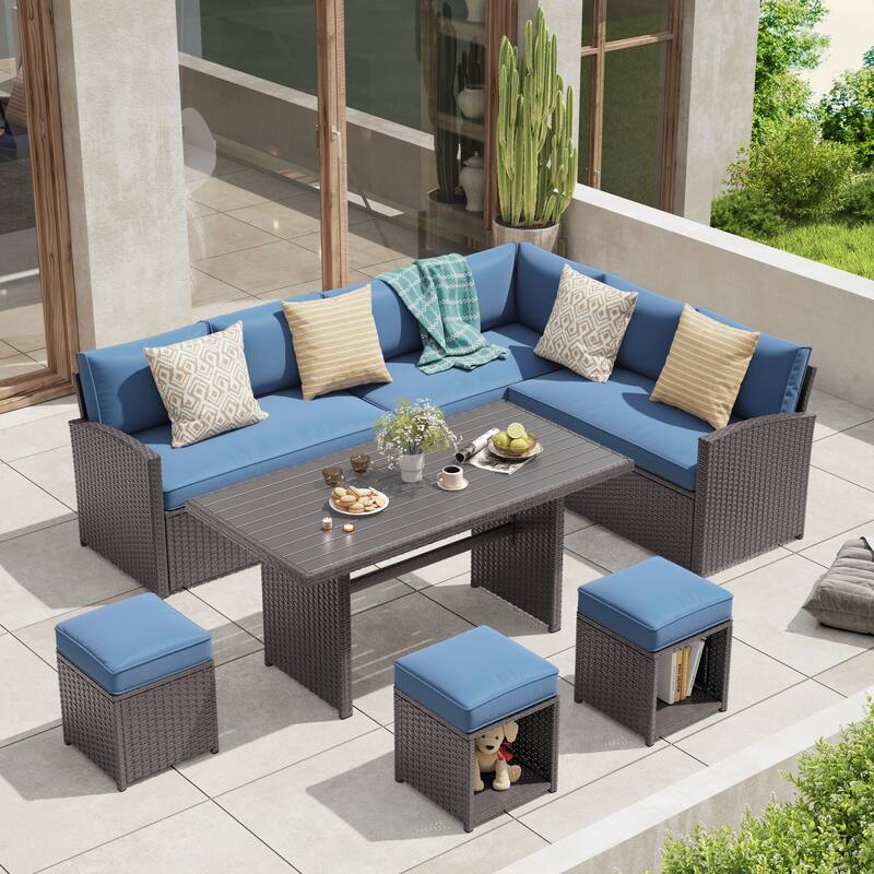 Outdoor 7-piece Wicker Dining Set Patio Sofa Furniture - Navy