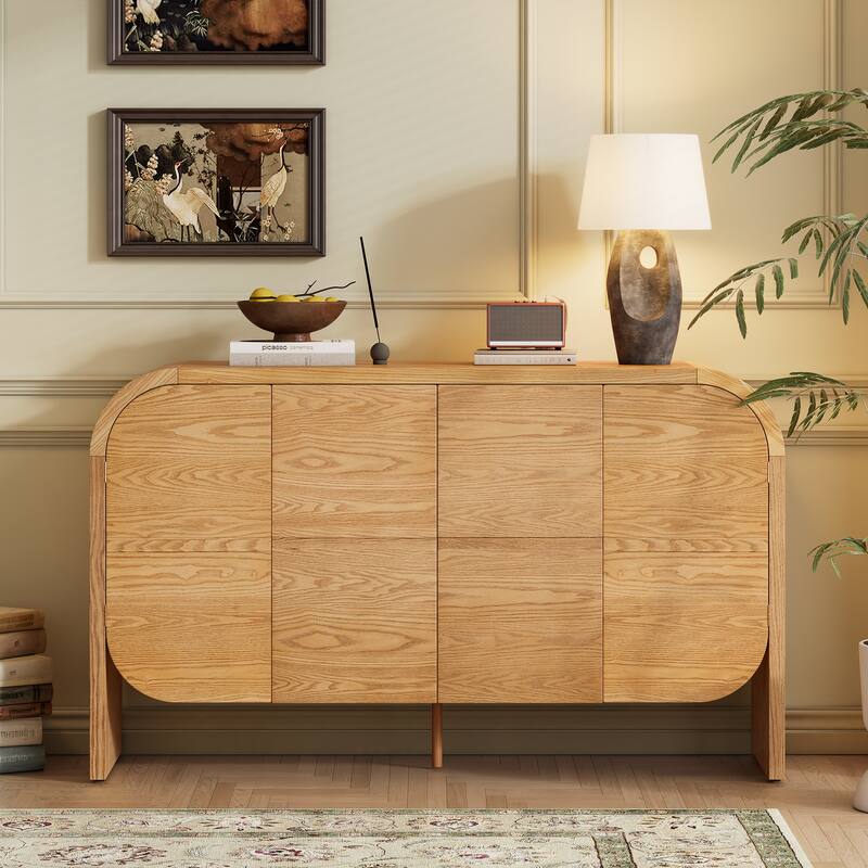 Buffet Cabinet with Storage, Wood Sideboard Cabinet with Curvy Edge, 4 Doors Retro Credenza Storage Cabinet - Natural