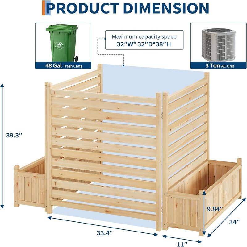 2-Pack 34x40 Inch Solid Wood Privacy Fence Panels with Planter Box - Outdoor AC Unit Cover and Decorative Garden Screen
