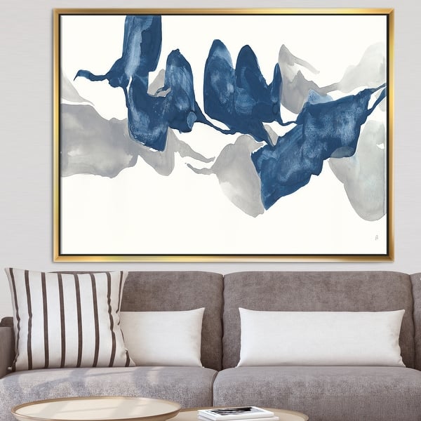 slide 2 of 8, Designart 'Gouache Sapphire on Gray' Modern & Contemporary Framed Canvas - Blue 32 in. wide x 16 in. high - Gold