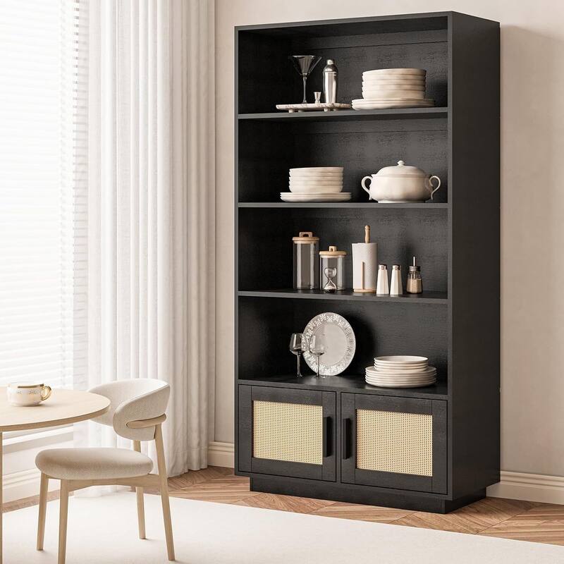 4-Tier Wooden Bookcase with Rattan Doors for Living Room, Home Office - N/A