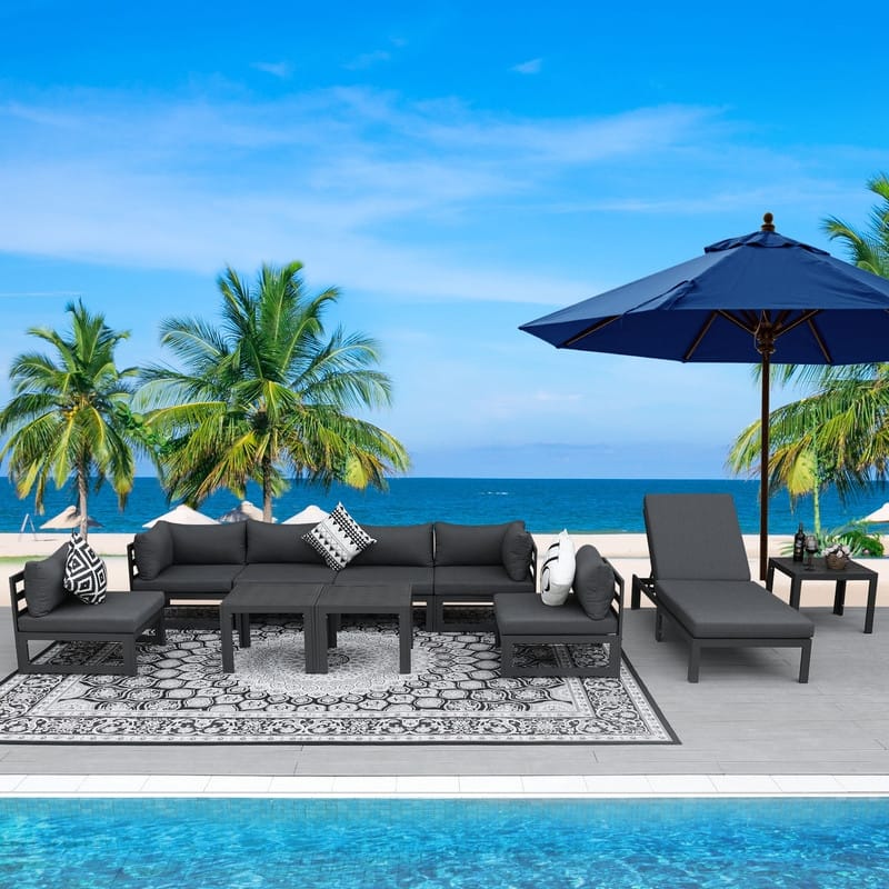 FINCATI Luxury Patio Aluminum Sofa Conversation Furniture Set with Coffee Table - 10 Pieces - Dark