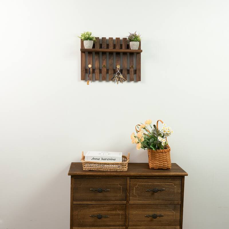 Dark Solid Wood Wall Organizer With Tray Storage - 15.35" L