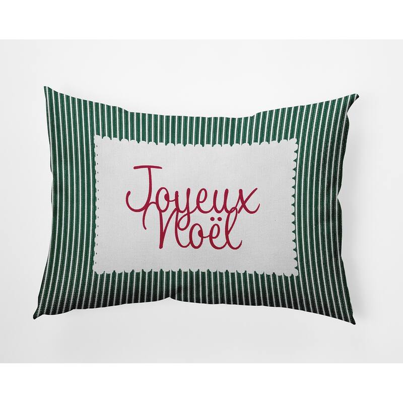 Joyeux Noel Ticking Christmas Indoor/Outdoor Throw Pillow - 14" x 20" - Forest Green