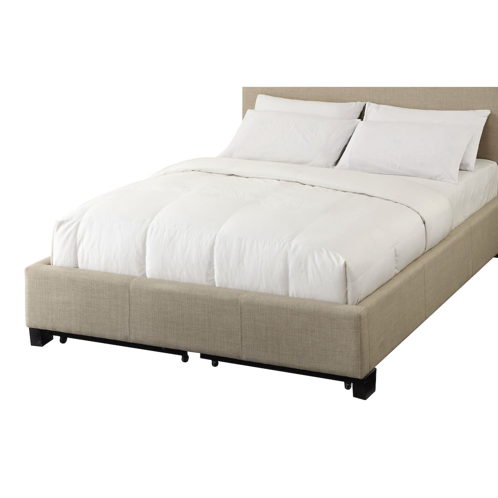Pax Full Bed, Storage Footboard, Button Tufted Upholstery, Beige Linen