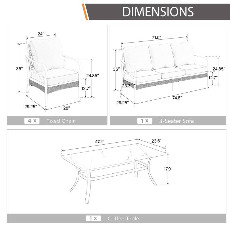 MAISON ARTS 7-Seat Patio Conversation Set, 2/4 x Cushioned Metal Chair, 1 x 2-Seat Sofa,1 x 3-Seat Sofa with Coffee Table