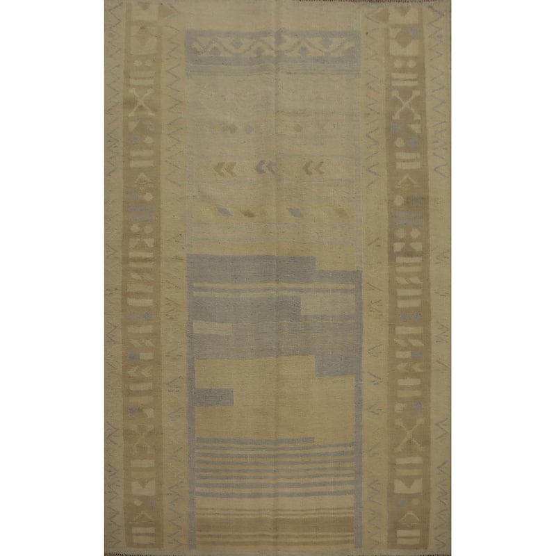 Hand Woven Oriental 100% Wool Carpet Southwestern Tribal Beige & Ivories Kilim Area Rug - 6' 6'' X 4' 9''