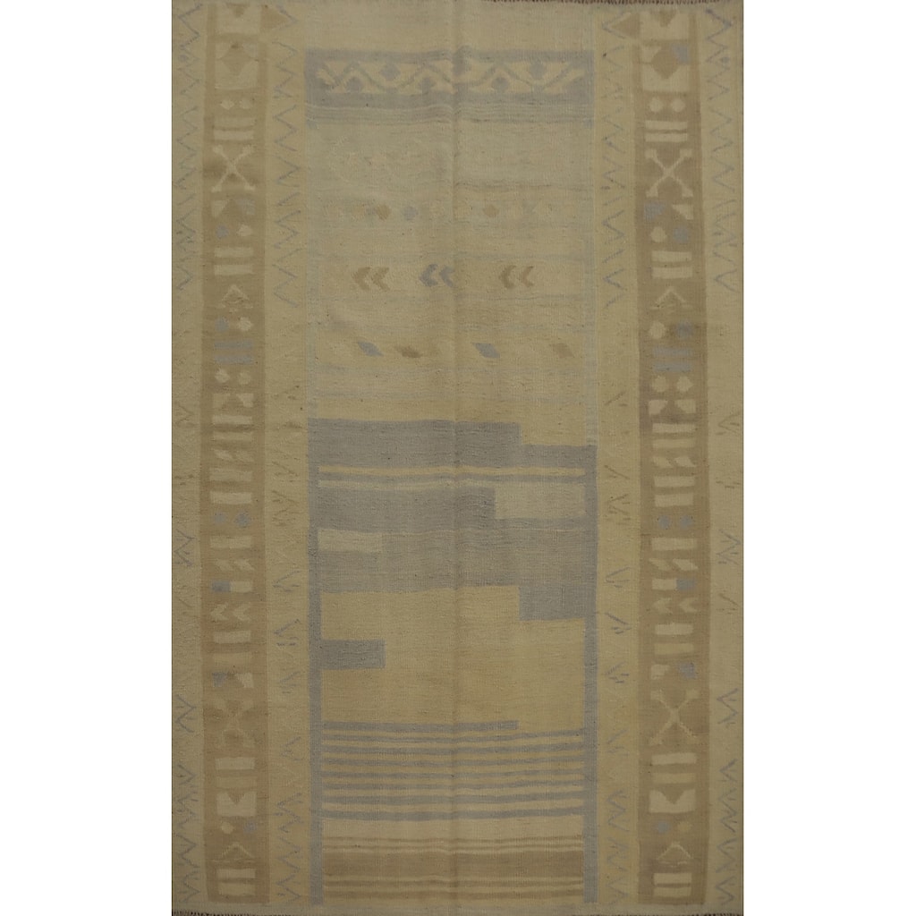 Hand Woven Oriental 100% Wool Carpet Southwestern Tribal Beige & Ivories Kilim Area Rug - 6' 6'' X 4' 9''