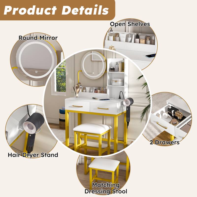 Vanity Desk with LED Mirror & Stool, Makeup Vanity Table with Power Outlet, Drawer & Open Shelves, Small Dressing Table Set