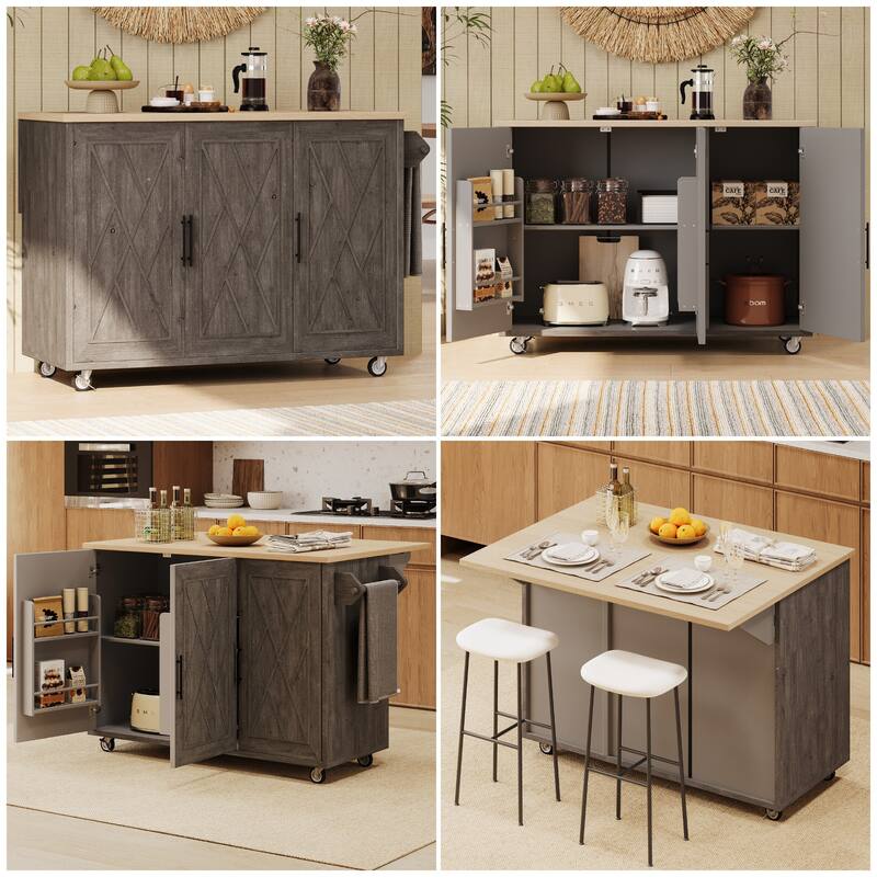Geometric Twill Stripe Textured Design Kitchen Island with Drop Leaf - N/A