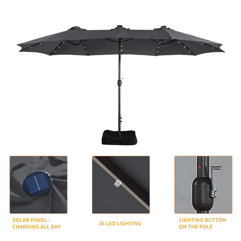 Clihome 15FT Double-Sided Solar Light Market Crank Umbrella with Base