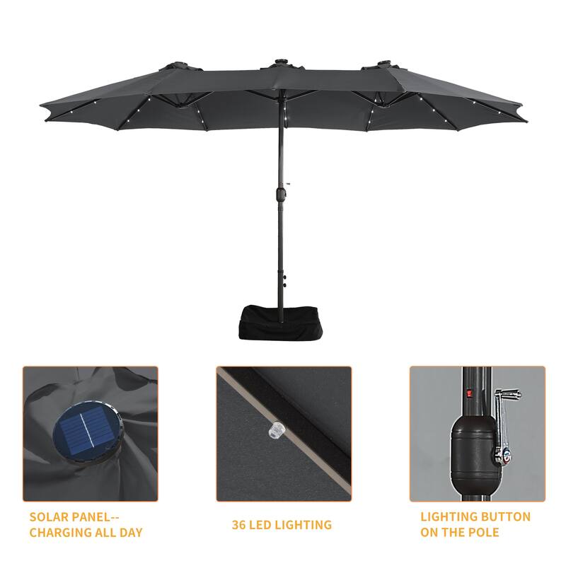 Clihome 15FT Double-Sided Solar Light Market Crank Umbrella with Base