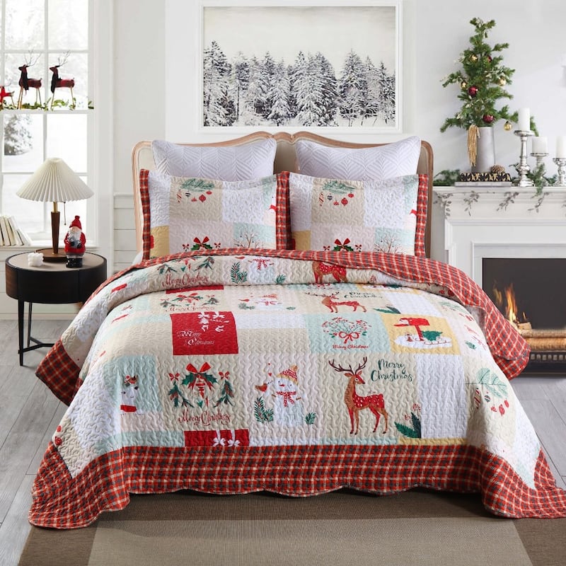MarCielo Christmas Quilt Set King B023, 1 Quilt 2 Pillow Shams - King