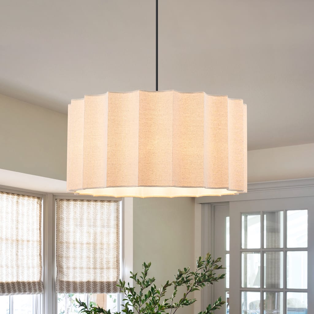 1-Light Fabric Drum Chandelier Pendant Light for Kitchen Island - Linen