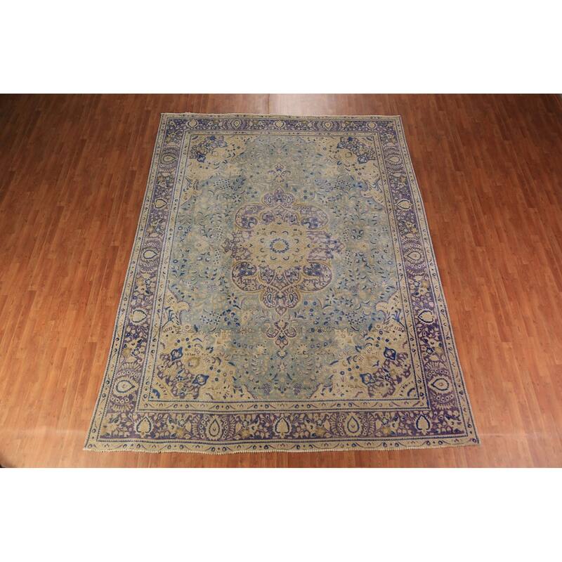 Floral Blue Medallion Tabriz Persian Area Rug Hand-Knotted Wool Carpet - 9'5"x 12'4"