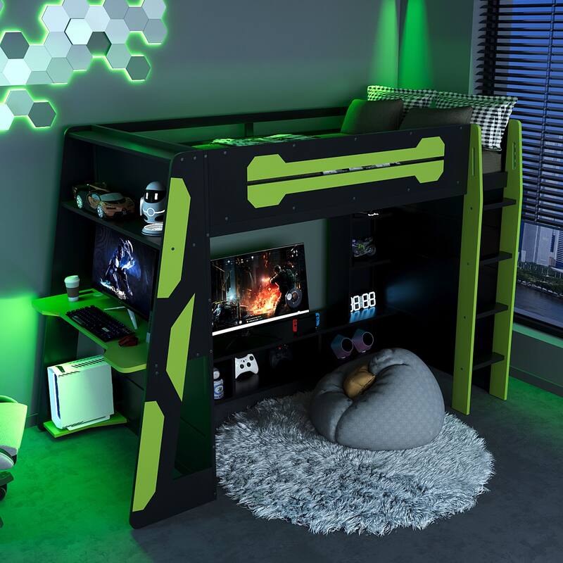 Esports Twin Loft Bed with Desk, Multi-storage Shelves and Light Strip - Green - Twin