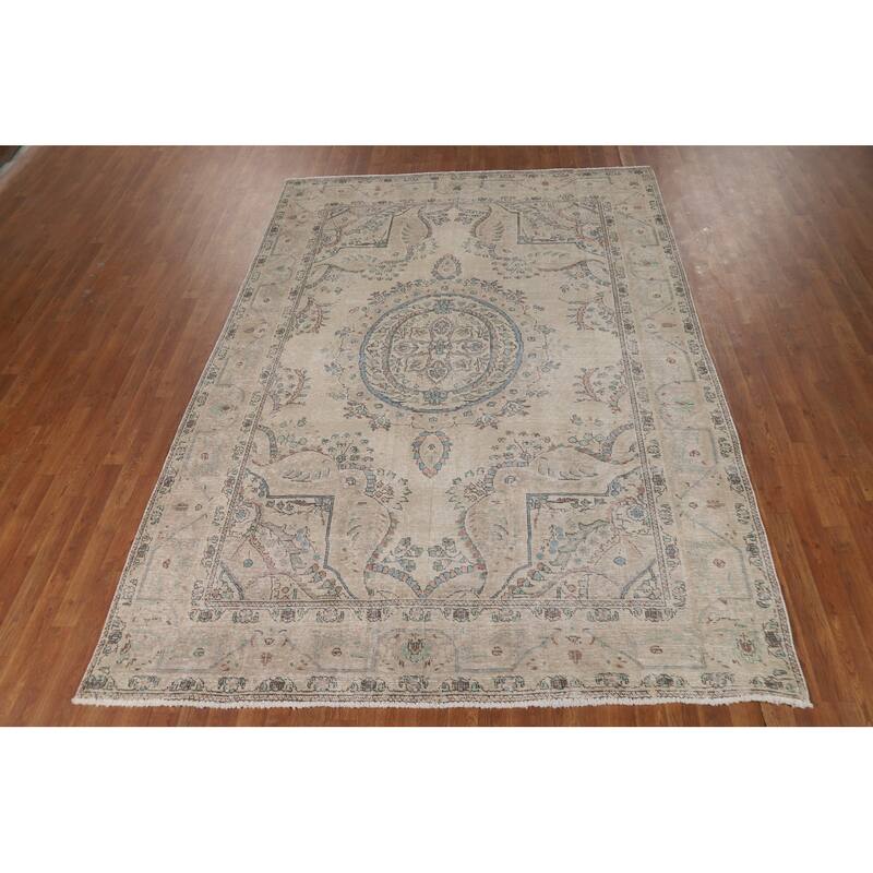 Medallion Tabriz Persian Area Rug Oriental Beige Handmade Wool Carpet - 6'9"x 9'7"