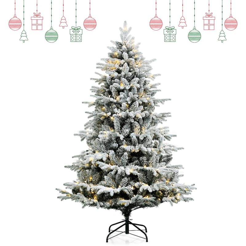 Gymax 4.5/6/7ft Snow Flocked Decoration Christmas Tree w/LED Lights &