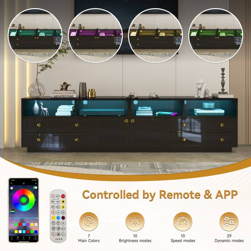 Gymojoy 86.6" LED TV Stand for 85-100 Inch TV, Modern Fluted Entertainment Center, 8 Drawers & Cabinet, Smart TV Console.