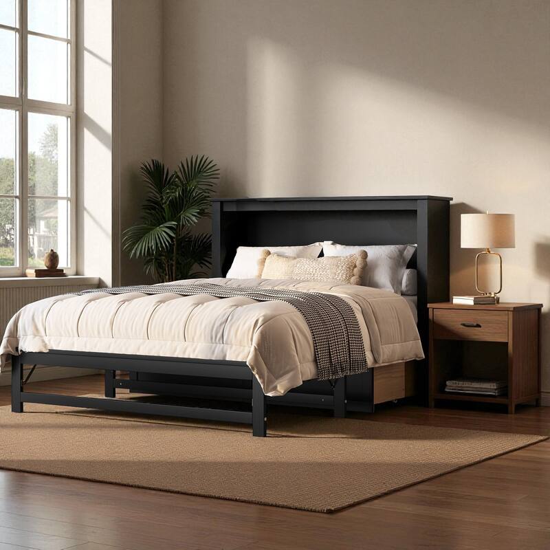 Full/Queen Size Murphy Bed with Storage Drawers and Shelves, Space-Saving Foldable Wall Bed for Guest Room