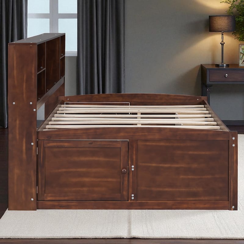 Full Size Wooden Captain Bed with Storage Shelves, 4 Drawers & 2 Cabinets, Antique Brown Finish