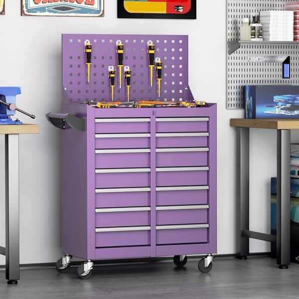 slide 2 of 9, 7-Drawer Metal Rolling Tool Cabinet with Pegboard and Hooks, Detachable Top Tool Cart with Liner for Garage, Workshop, Warehouse Purple