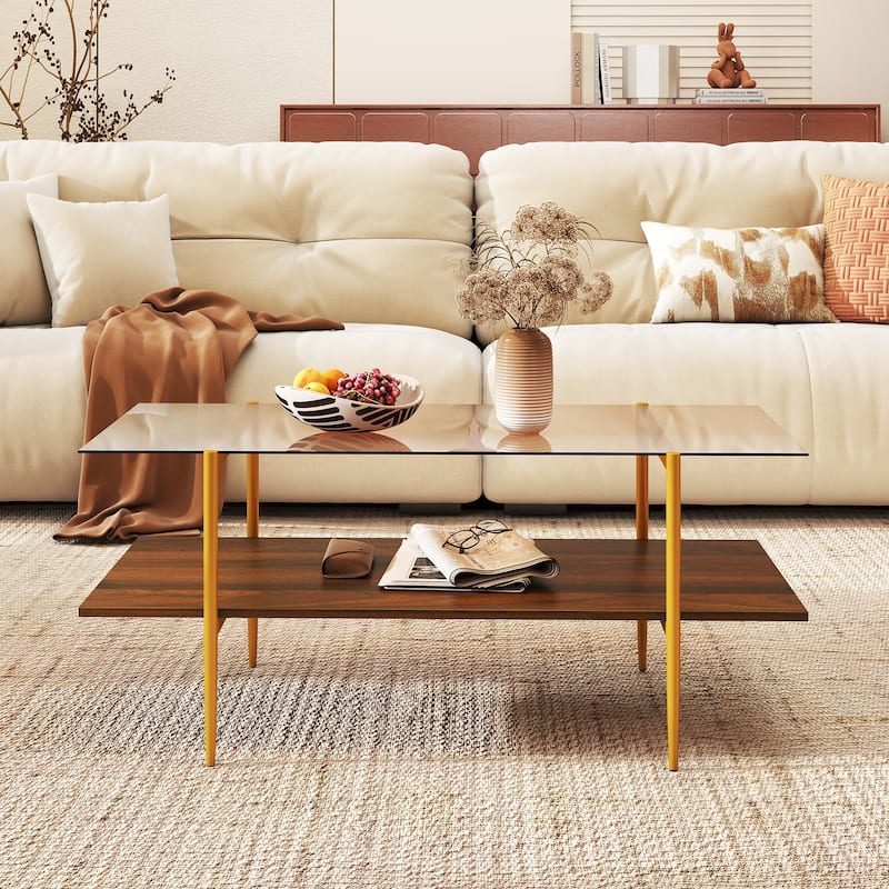 Gymax 2-Tier Glass Coffee Table w/ Tampered Glass Tabletop & Open