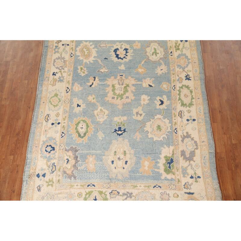 Blue Oushak Turkish Area Rug Hand-knotted Wool Carpet - 6'5"x 9'1"