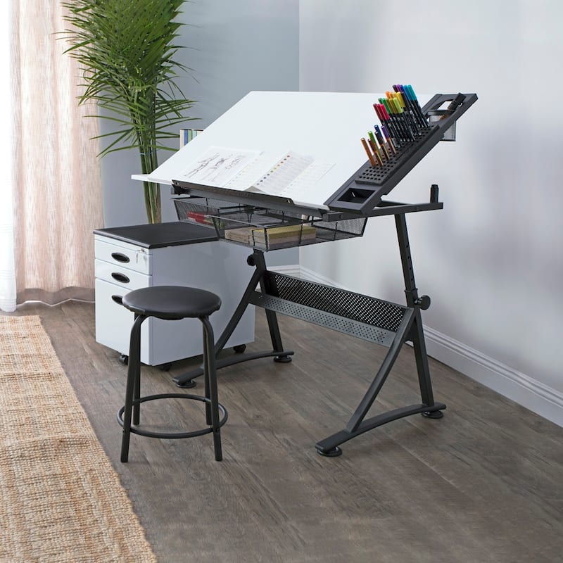 Studio Designs Fusion Craft Center Drafting Drawing Table with Adjustable Top Storage and Stool