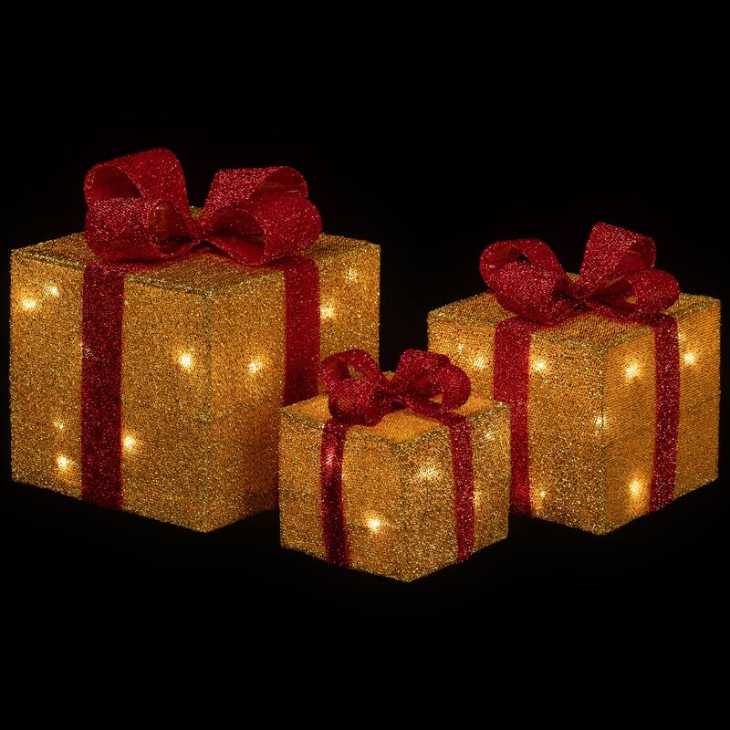 3 Gold Red Gift Boxes with Bows Lighted Christmas Outdoor Decorations