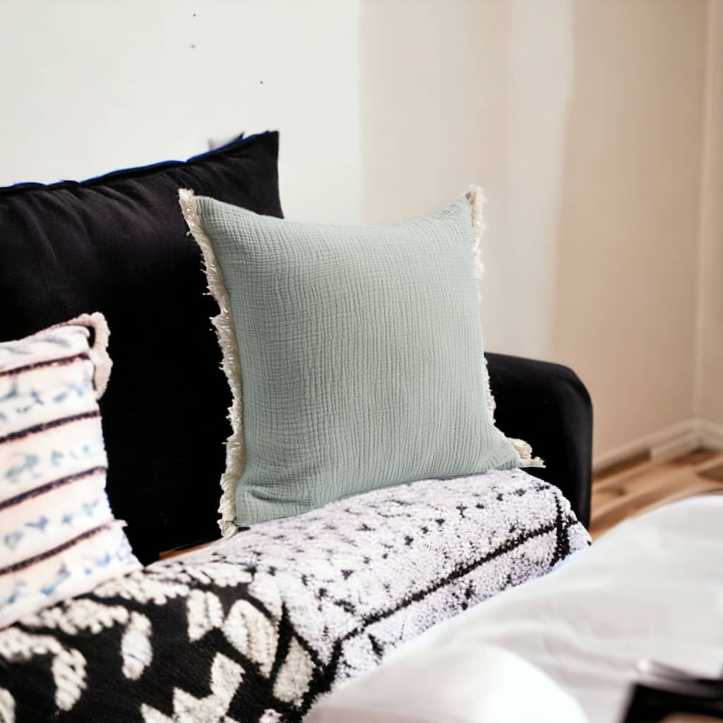 HomeRoots 20" X 20" Green Cotton Zippered Down Pillow With Fringe