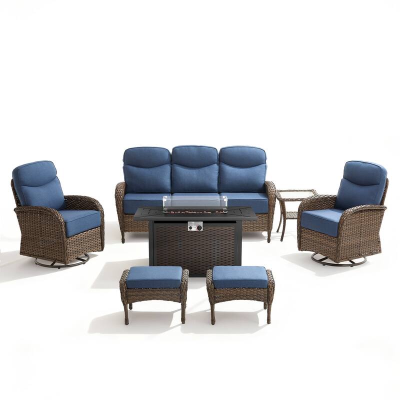 Luna 7-Piece Wicker Outdoor Patio Fire Pit Sofa Set with 6-Inch Thick Cushions