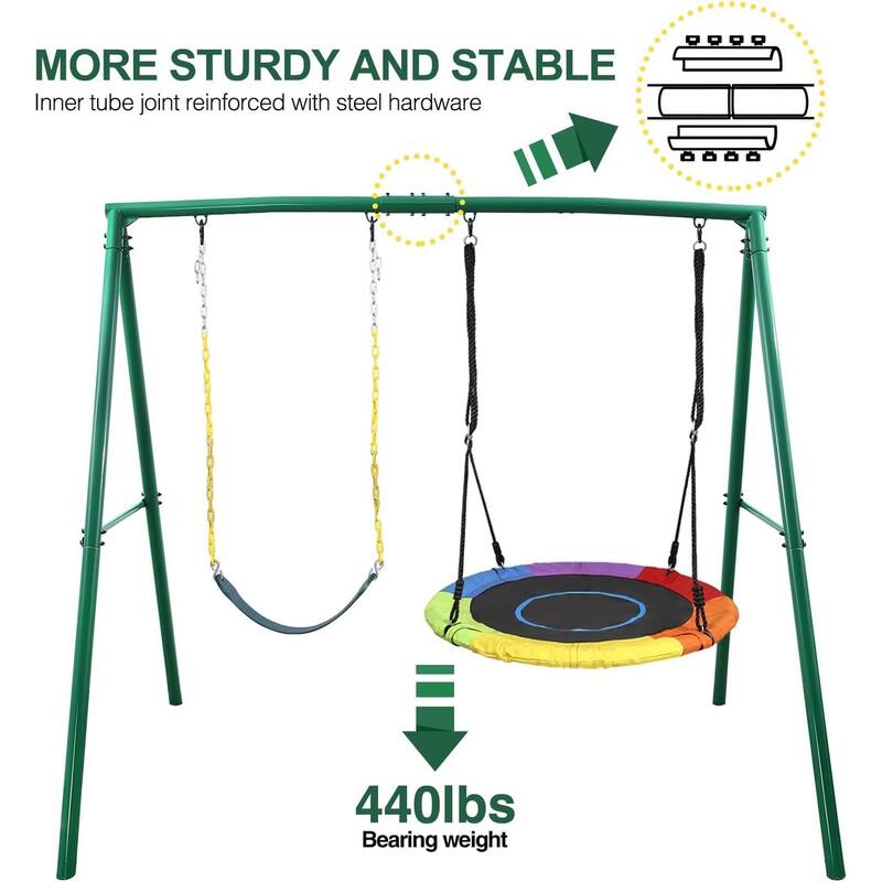 440lbs Heavy Duty Metal Swing Sets for Backyard Playground Outdoor Playset with 2 Seat