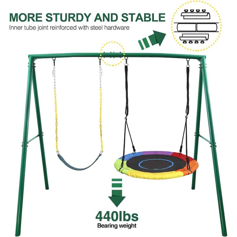 Trekassy 440lbs 2 Seat Swing Set for Backyard, 1 Saucer Swing Seat and 1 Belt Swing Seat