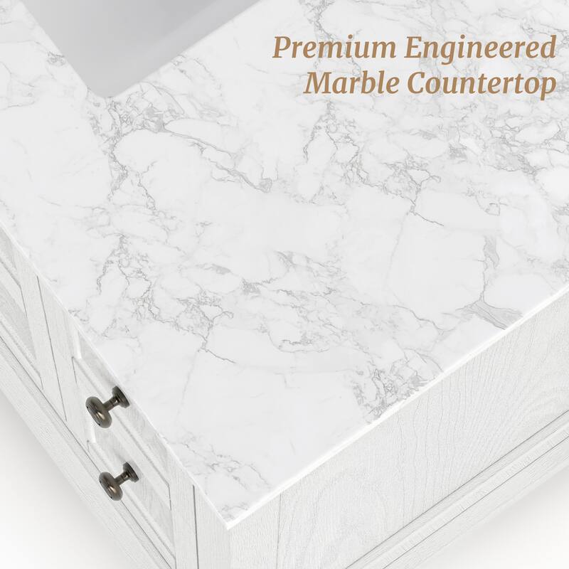 48" Bathroom Vanity with Sink, Marble Countertop Single Bathroom Vanity with 6 Drawers, White