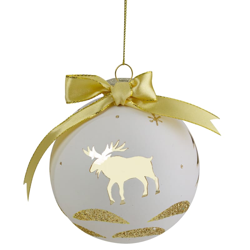 Moose Christmas Glass Ball Ornament - Gold and White - 4"