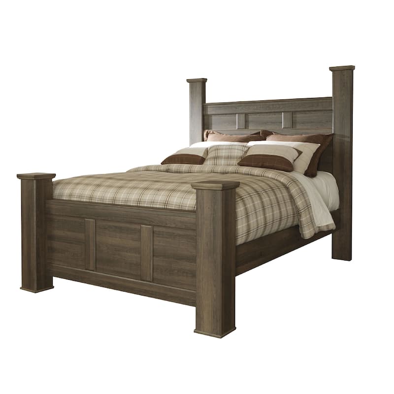 Joi Queen Size Poster Bed, Plank Design, Aged Oak Brown Rough Sawn
